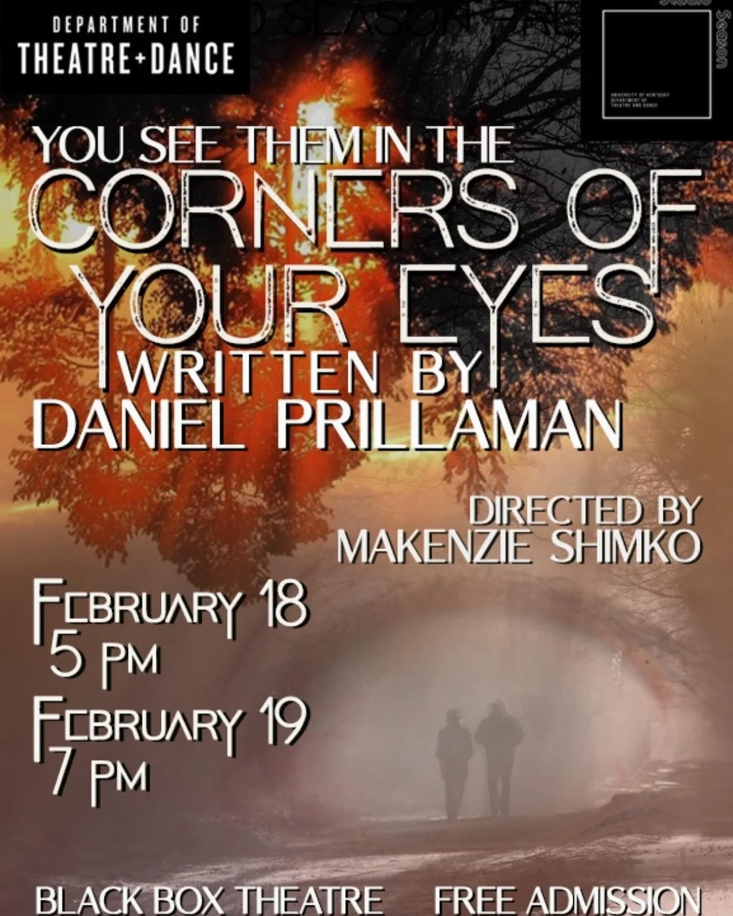 A poster for You See Them in the Corners of Your Eyes: Two figures walk down a forest path as the trees form part of a face