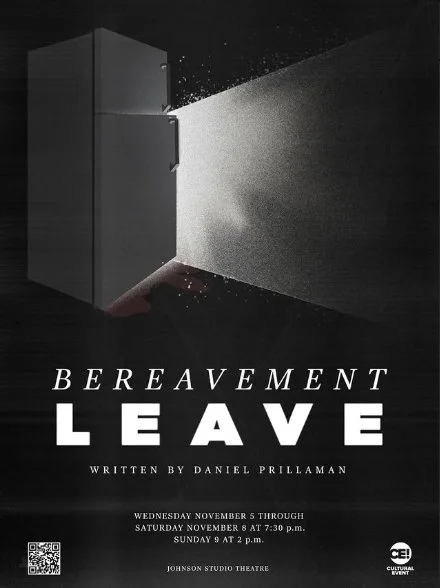 A poster for Bereavement Leave: A fridge with door ajar, blinding light emerging behind it