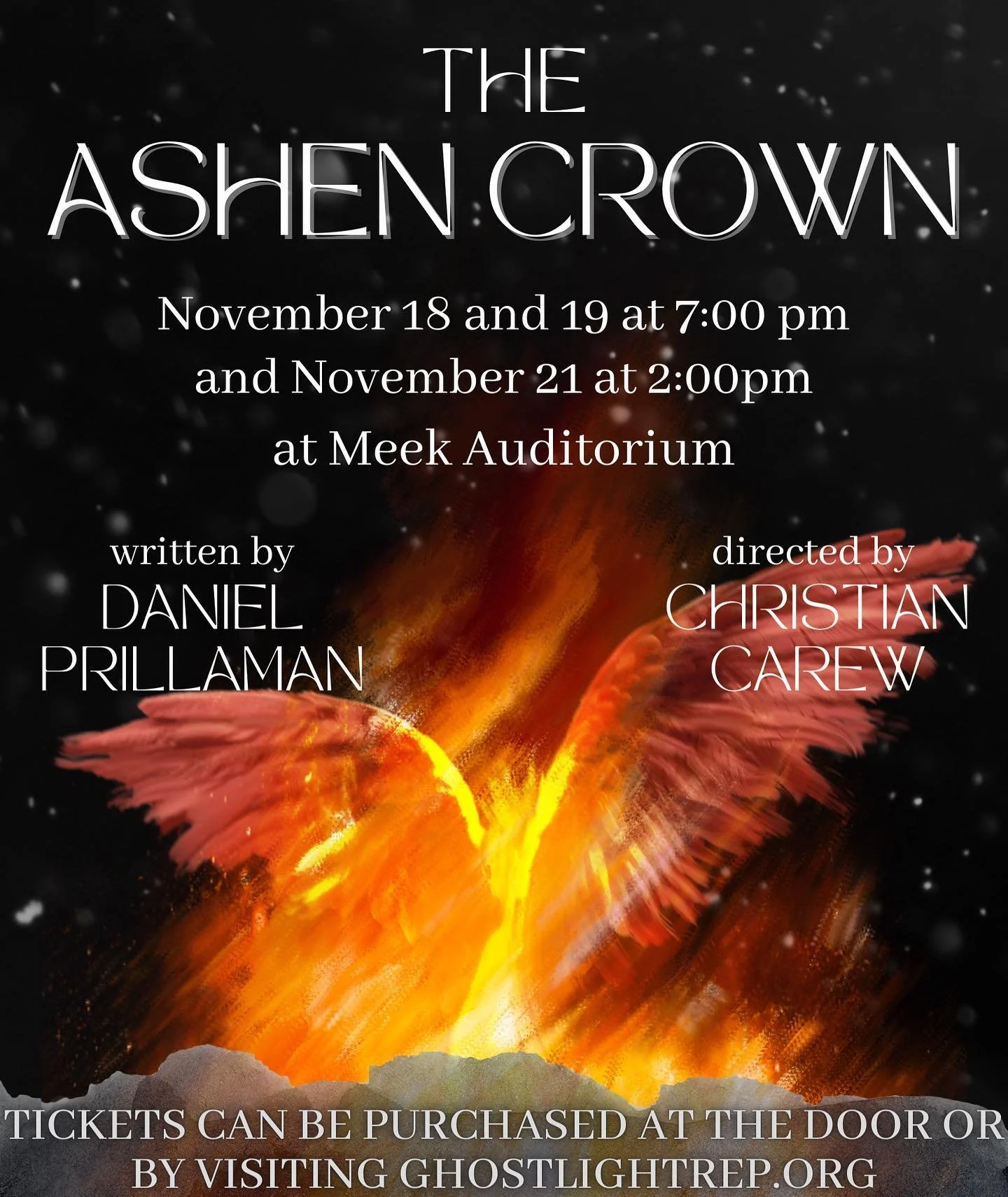 A poster for The Ashen Crown: A fiery phoenix figure rises with wings outsretched atop a pile of ash