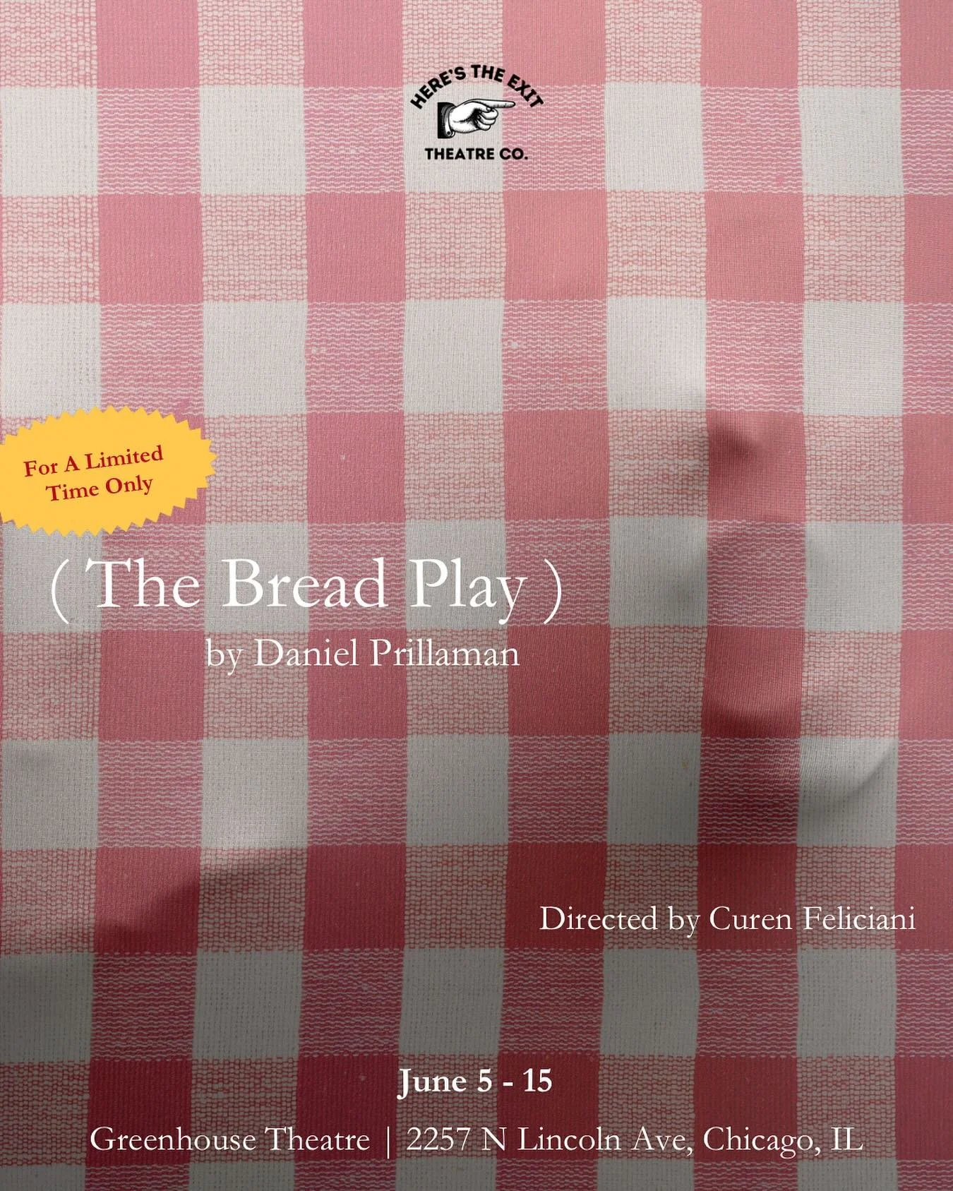 A poster for The Bread Play: A face and hand press against a checkered tablecloth