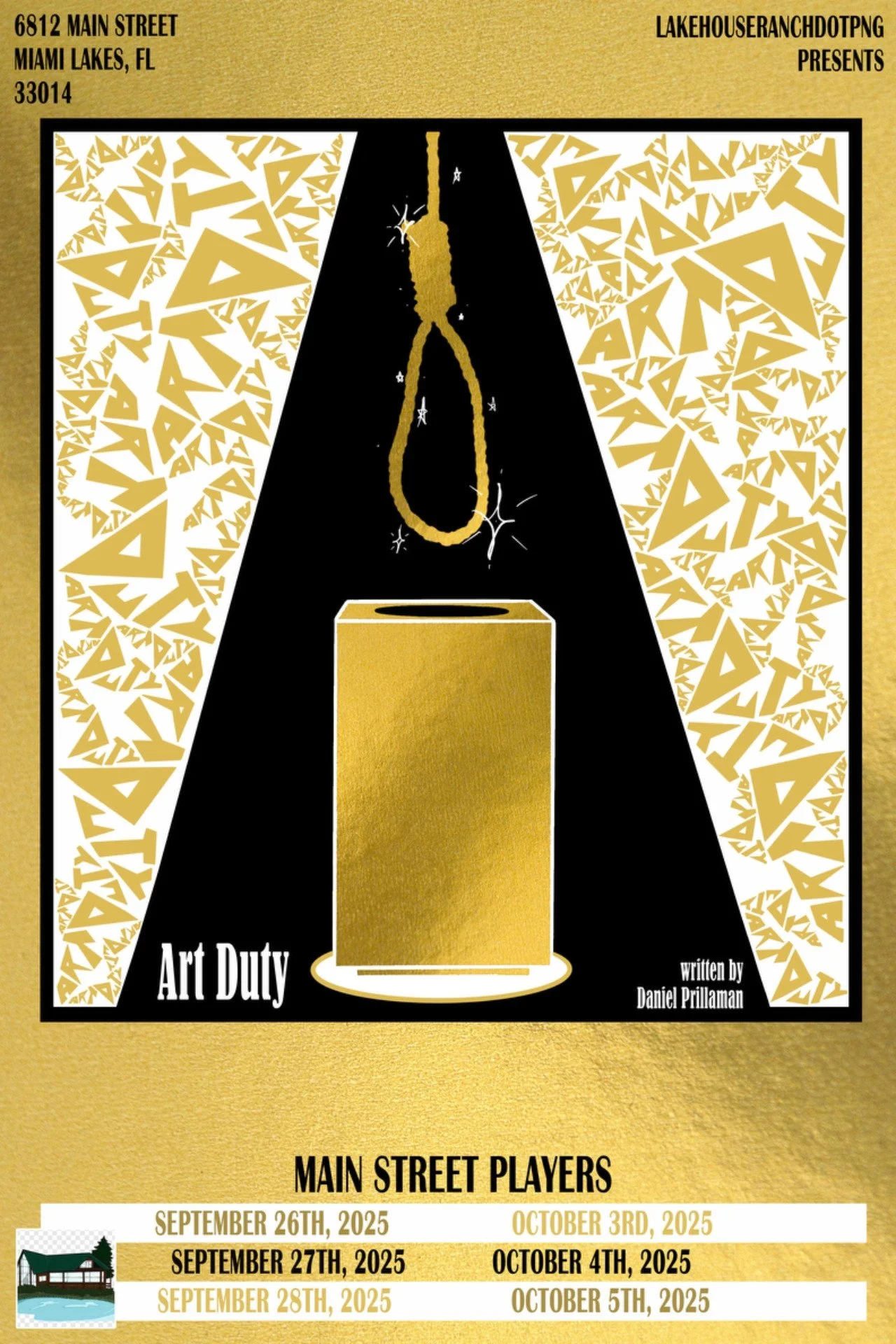 A poster for Art Duty: A golden noose hangs above a block of gold.