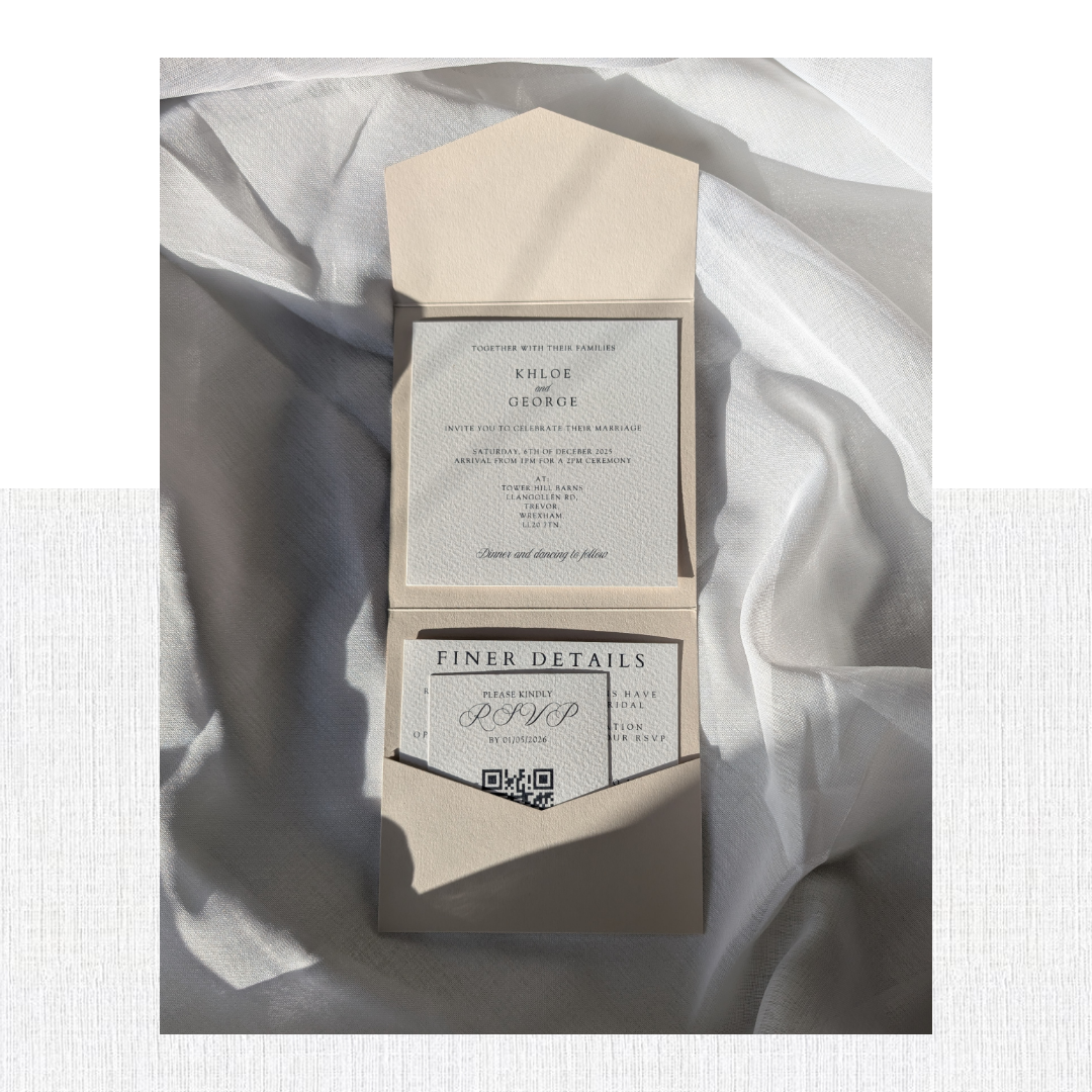 Luxury beige wedding invitations with QR code RSVP and information card