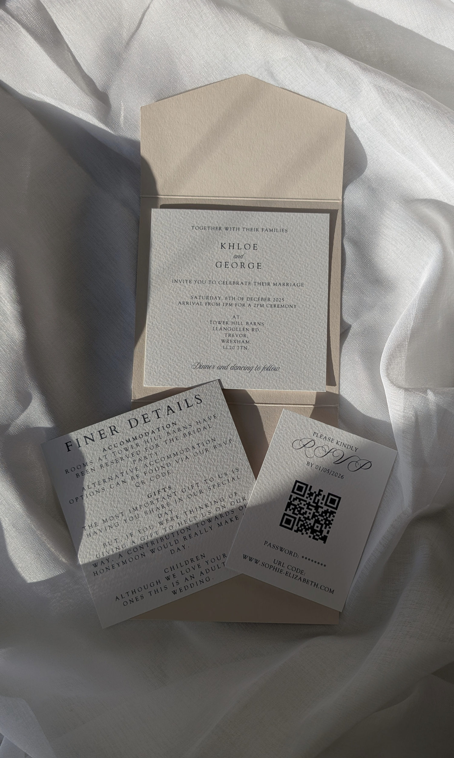 Beige pocketfold wedding invitations with wax seal and neutral colour palette