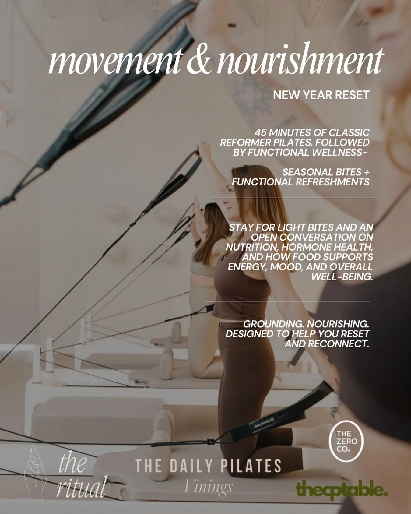 This is your sign to stay after class.
Thoughtfully curated bites, functional wellness refreshments, and food designed to support your hormones, energy, and mood.

We&rsquo;ll begin with a 45-minute classic reformer Pilates class, then transition int