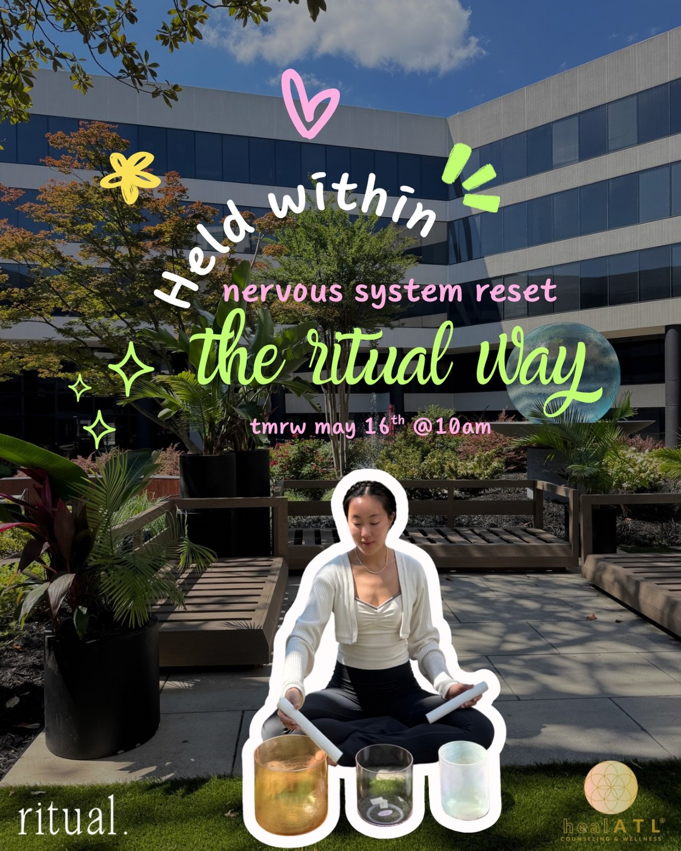 Held Within 💛
A Mental Health Awareness Month Gathering

May 16th, we&rsquo;re gathering outdoors in the courtyard at @healatl
sunlight, fresh air, and space to exhale

led by @scarlettchang.wellness

not fixed
not rushed
not figured out

just&helli