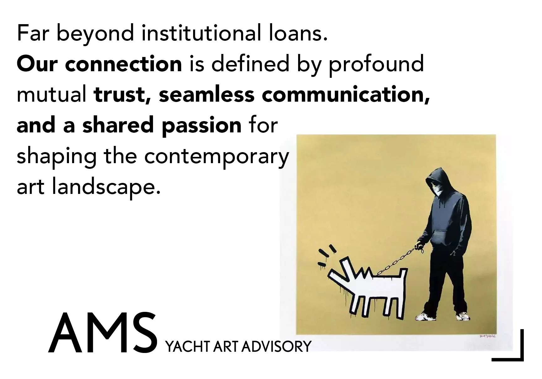 A promotional poster for AMS Yacht Art Advisory features a stylized image of a person in a hoodie, holding a chain attached to a snowflake-shaped object with a distressed face, set against a yellow background. The text highlights the company's focus 