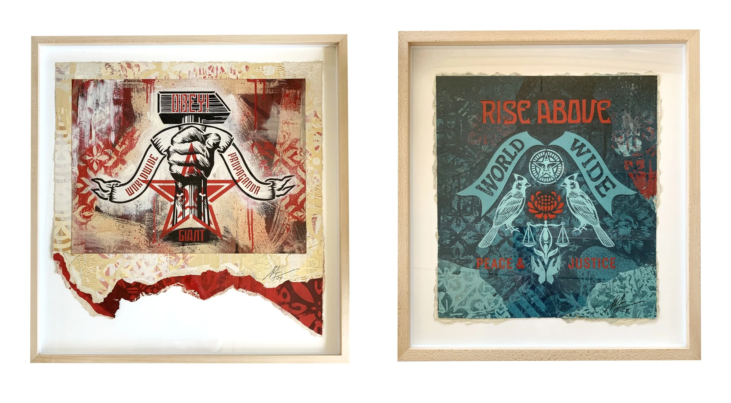 Zwei Kunstwerke in Rahmen, eines mit einem aufrührerischen Demonstrationsplakat und das andere mit einer Friedens- und Gerechtigkeitsthematik, beide im Collage-Stil.