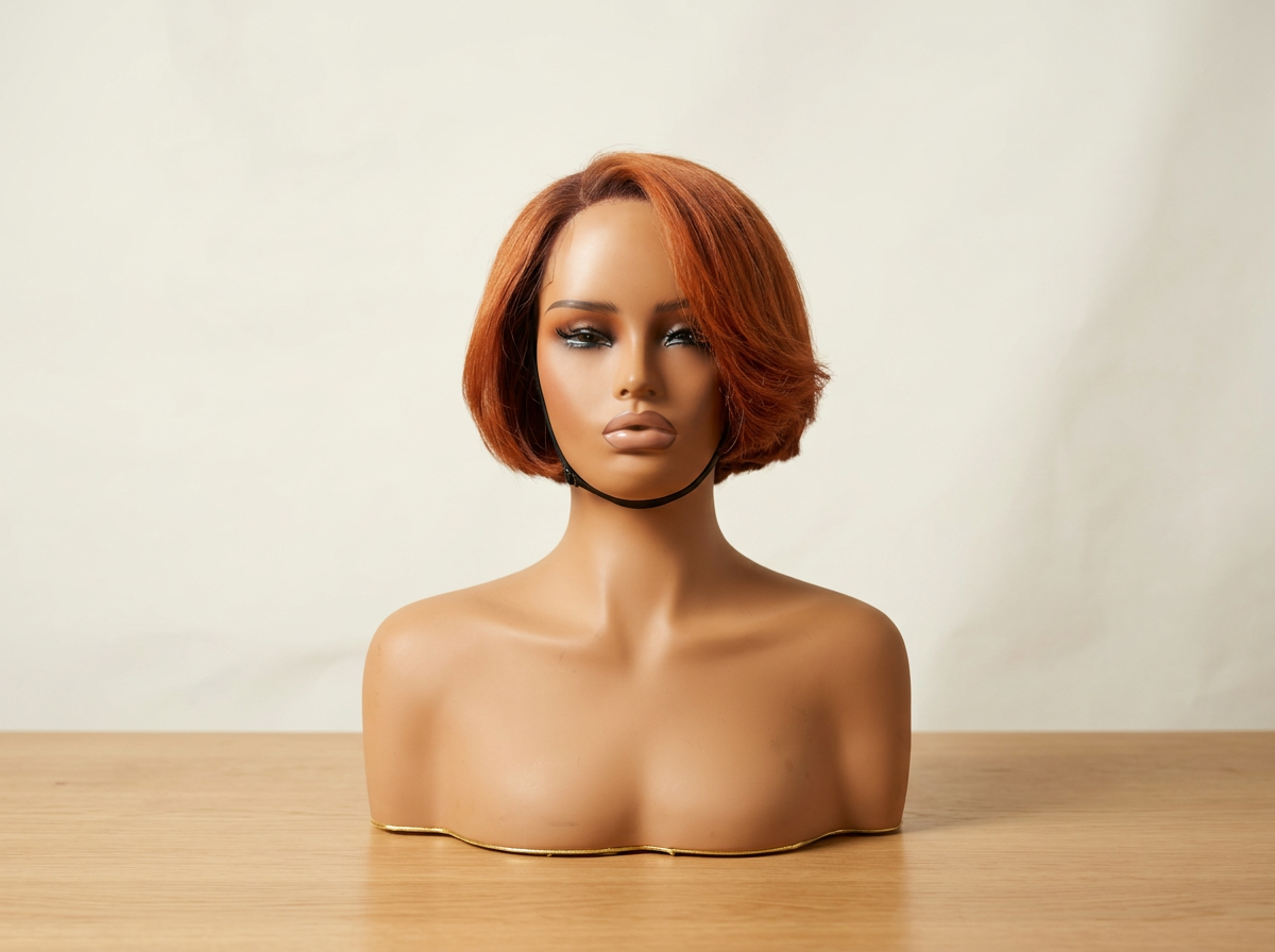 Vibrant copper orange short sculpted bob wig with dramatic side-swept fringe, photographed on display