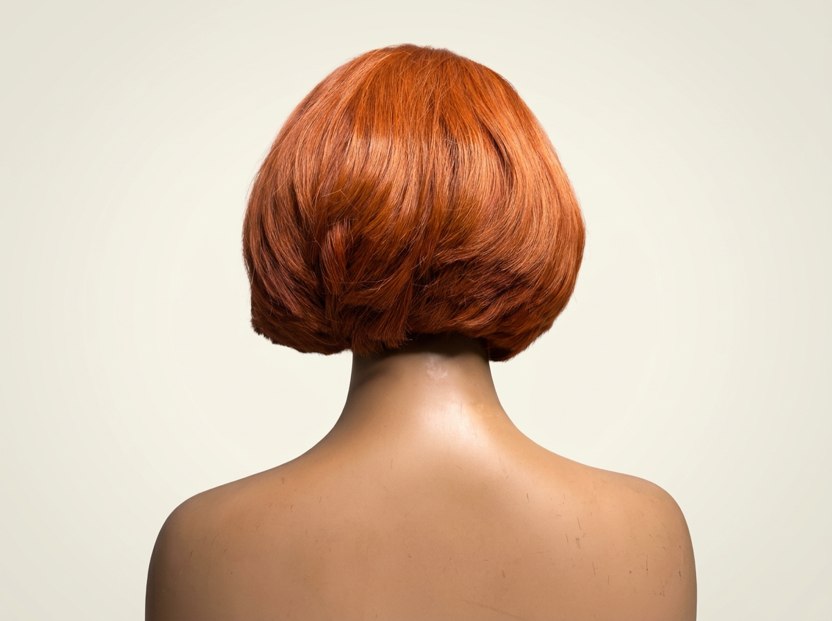 Vibrant copper orange short sculpted bob wig with dramatic side-swept fringe, photographed on display