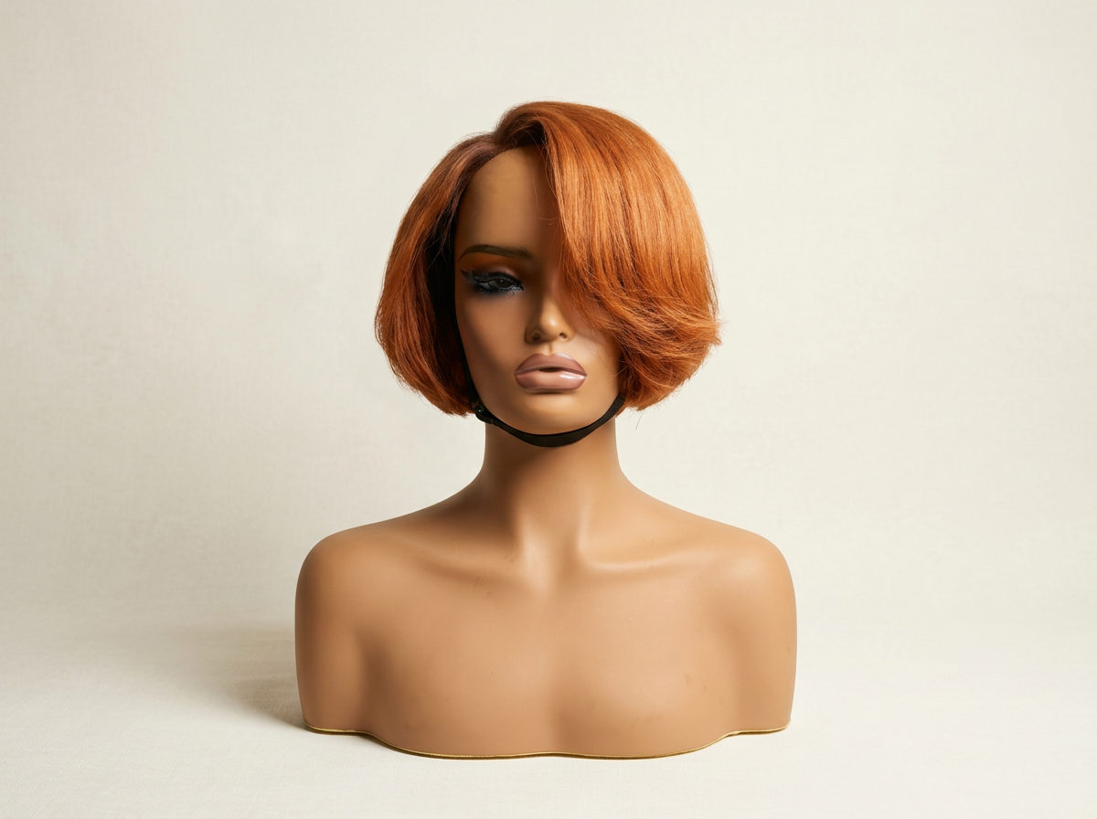 Vibrant copper orange short sculpted bob wig with dramatic side-swept fringe, photographed on display