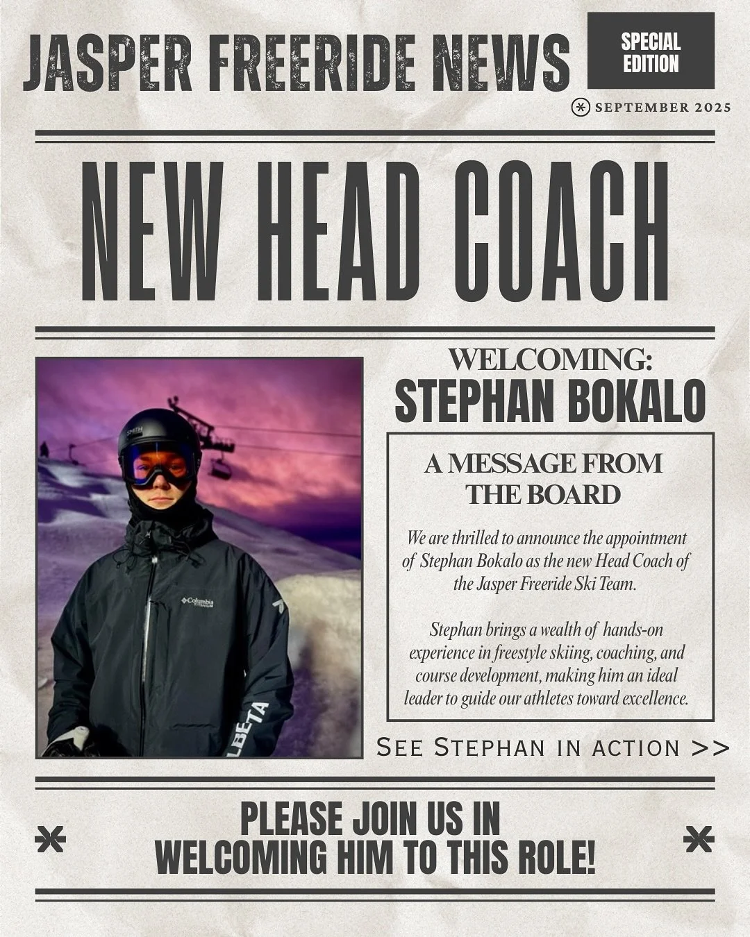 📣 We&rsquo;re pleased to announce the appointment of our NEW Ski Head Coach: Stephan Bokalo &mdash; whose experience, leadership, and passion for freestyle skiing will bring renewed energy and direction to our program.

Stephan brings a wealth of ha