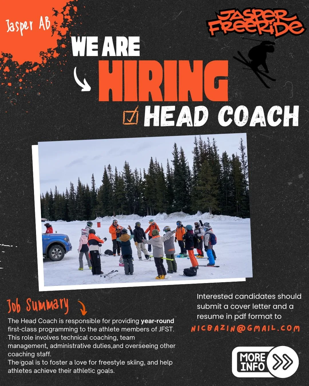📣We are hiring! 
Jasper Freeride Ski Team is taking applications for the position of Head Coach. 

✨The Head Coach is responsible for providing year-round first-class programming to the athlete members of JFST. This role involves technical coaching,