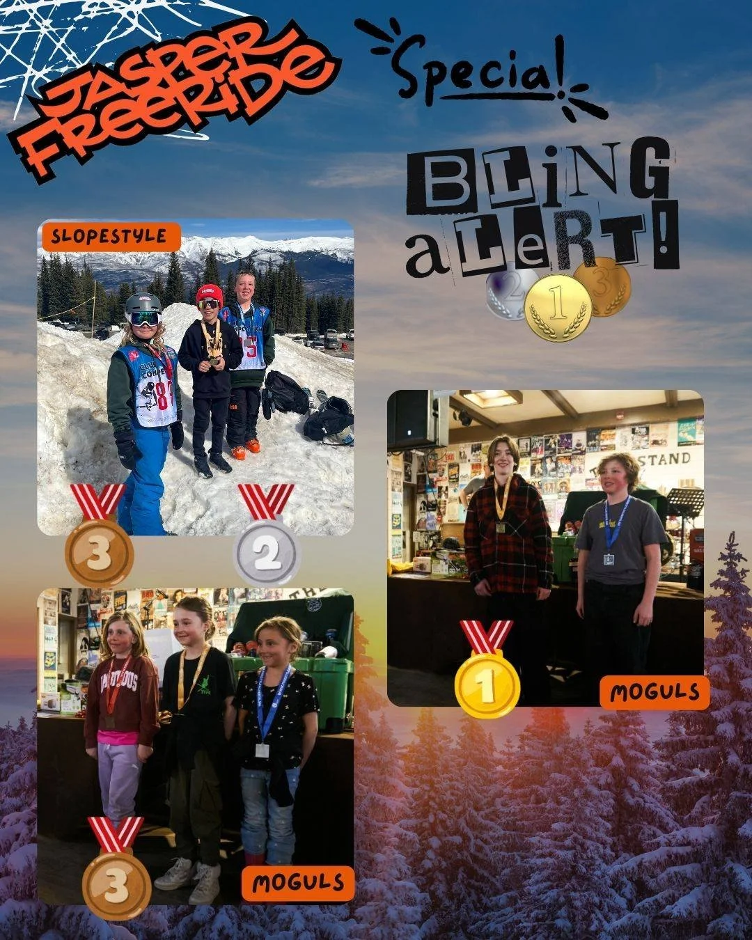 🔔JFST Club Competition Jasper Results 📜

Moguls
🥉M10 3rd Place to Eddie Keelan-Crabbie
🥇M14 1st place Braiden Stonehouse
🥉F08 3rd place Teagan Rushfeldt

Slopestyle
🥇F08 1st place Teagan Rushfeldt
🥉F12 3rd place Thea Rushfeldt
🥈M10 2nd place 