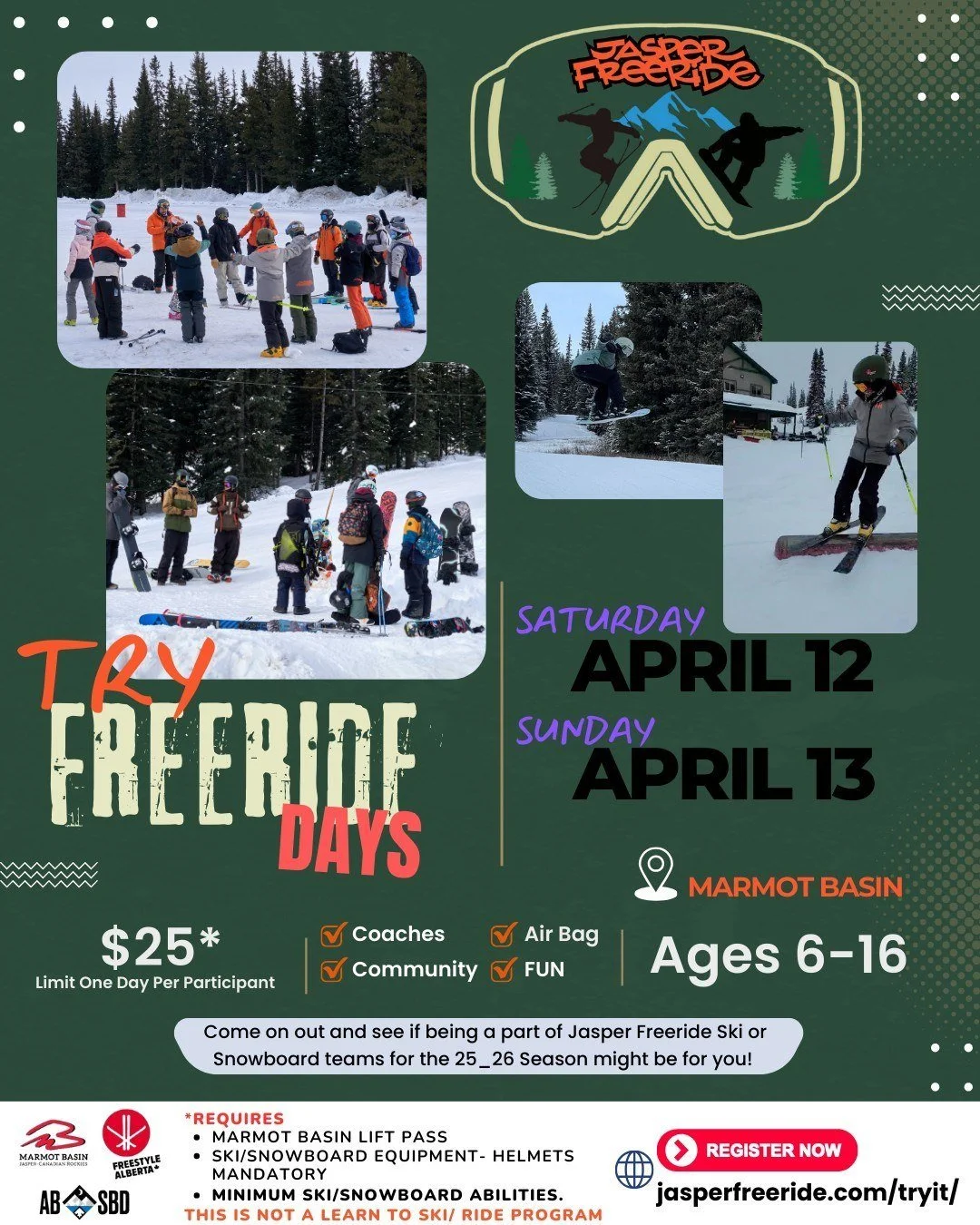 📣 Our last batch of Try Freeride Days is coming up fast and we are still taking registrations for ski and snowboard participants. 
 
✅Your $25 fee includes the necessary insurance required for you to ski or ride with our club for the day. 

 You wil