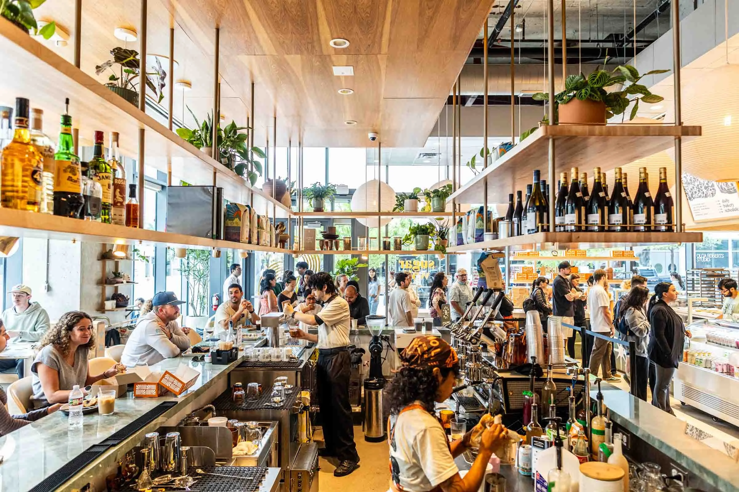 People gathering and ordering at a busy coffee shop with a modern interior, wooden accents, and abundant greenery.