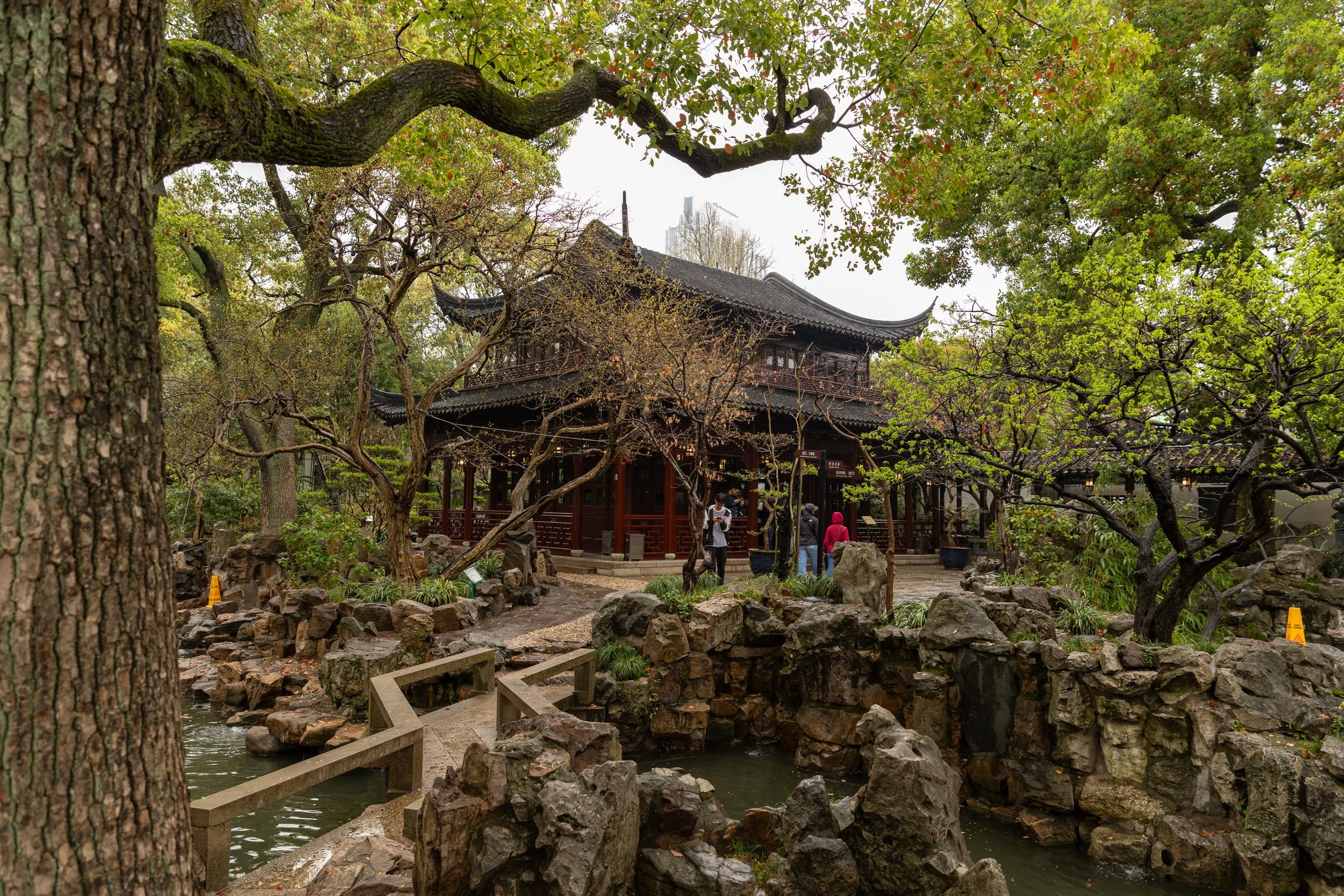 Traditional Chinese garden with a pavilion, pathways, and stone elements surrounded by lush trees.