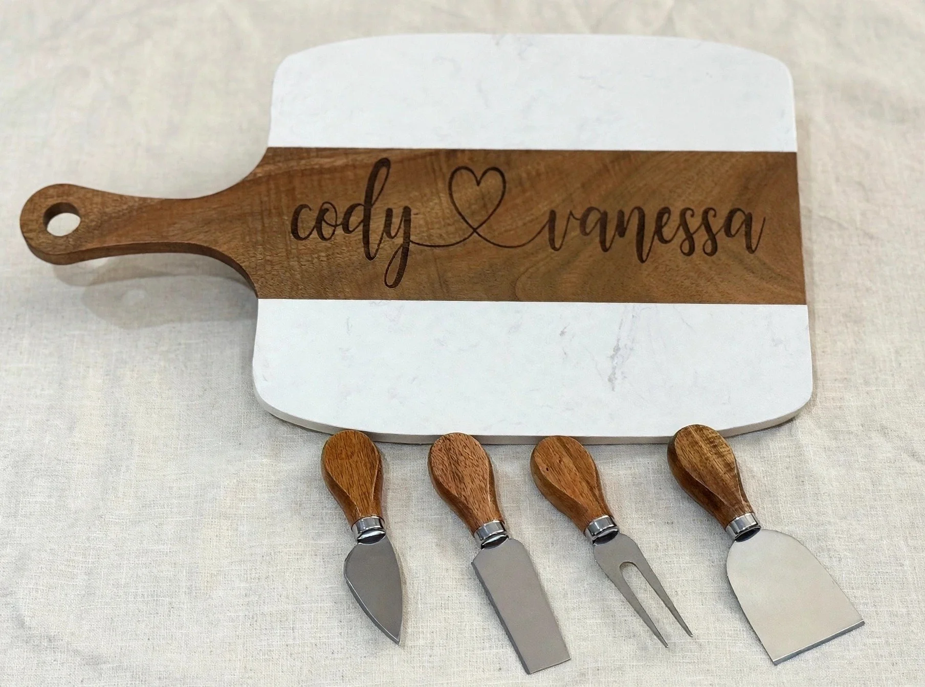 Personalized engraved marble and acacia serving board set — realtor closing gift made in Lynchburg, VA
