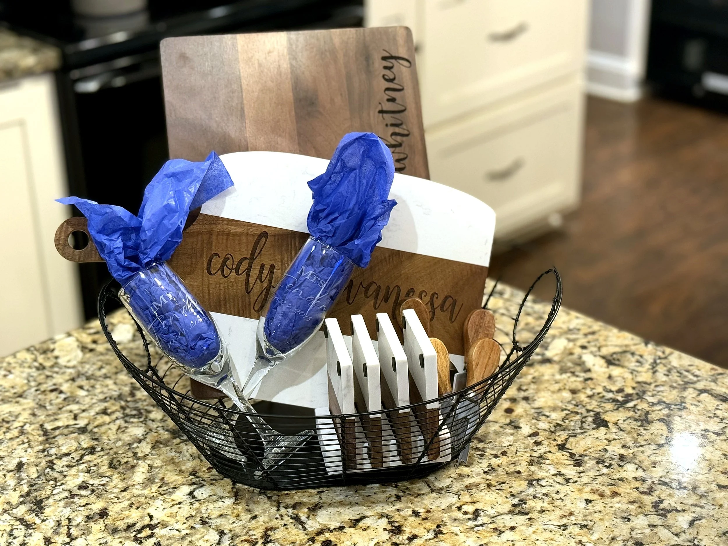 Gift basket — board, flutes & coasters