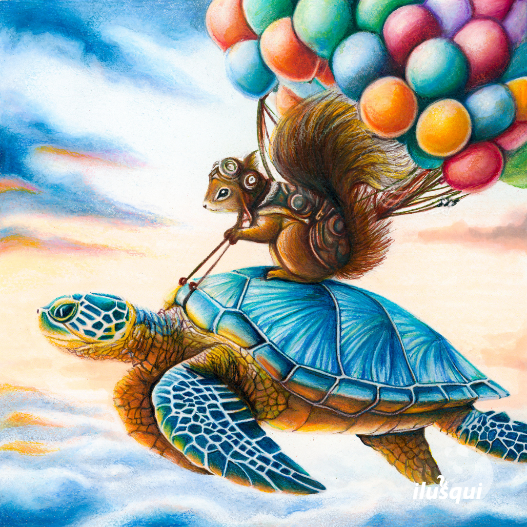 turtle and squirrel flying suspended in the air with balloons.
