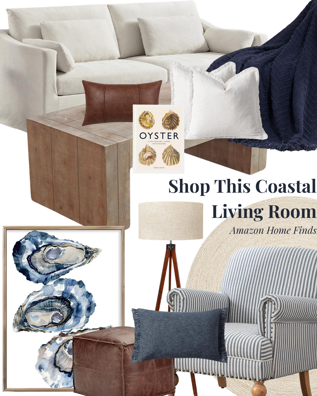 Coastal living room with white sofa, striped armchair, wooden side table, various pillows, navy throw blanket, table lamp, coastal artwork, and a book titled 'Oyster' by Drew Smith.