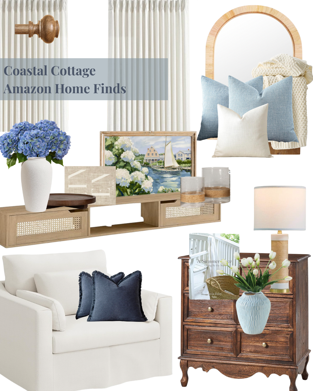 Decorative coastal-themed interior with pillows, paintings, a vase of purple flowers, lamps, and furniture.