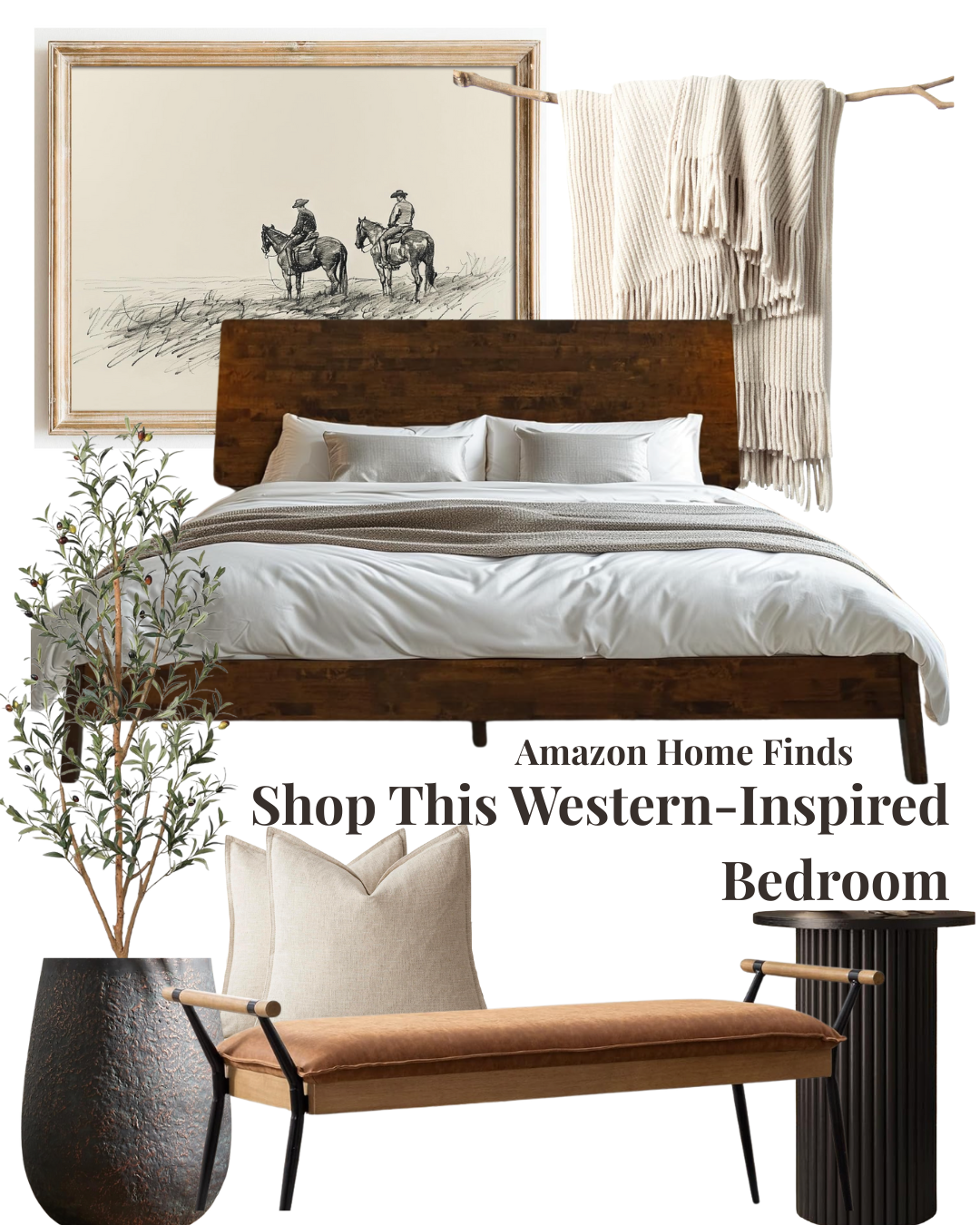Decorative bedroom scene featuring a bed with white bedding, a wooden headboard, a potted plant, a framed sketch of two horseback riders, a beige pillow, and a bench with a cushion, accented by a large cream-colored blanket hanging on a branch.