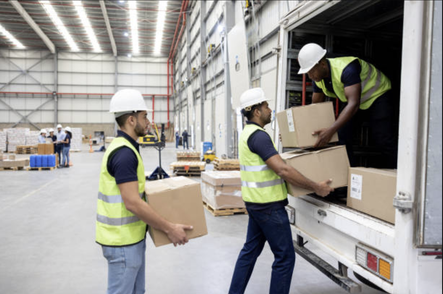 Three workers with hard hats and reflective vests loading boxes into a truck inside a warehouse.