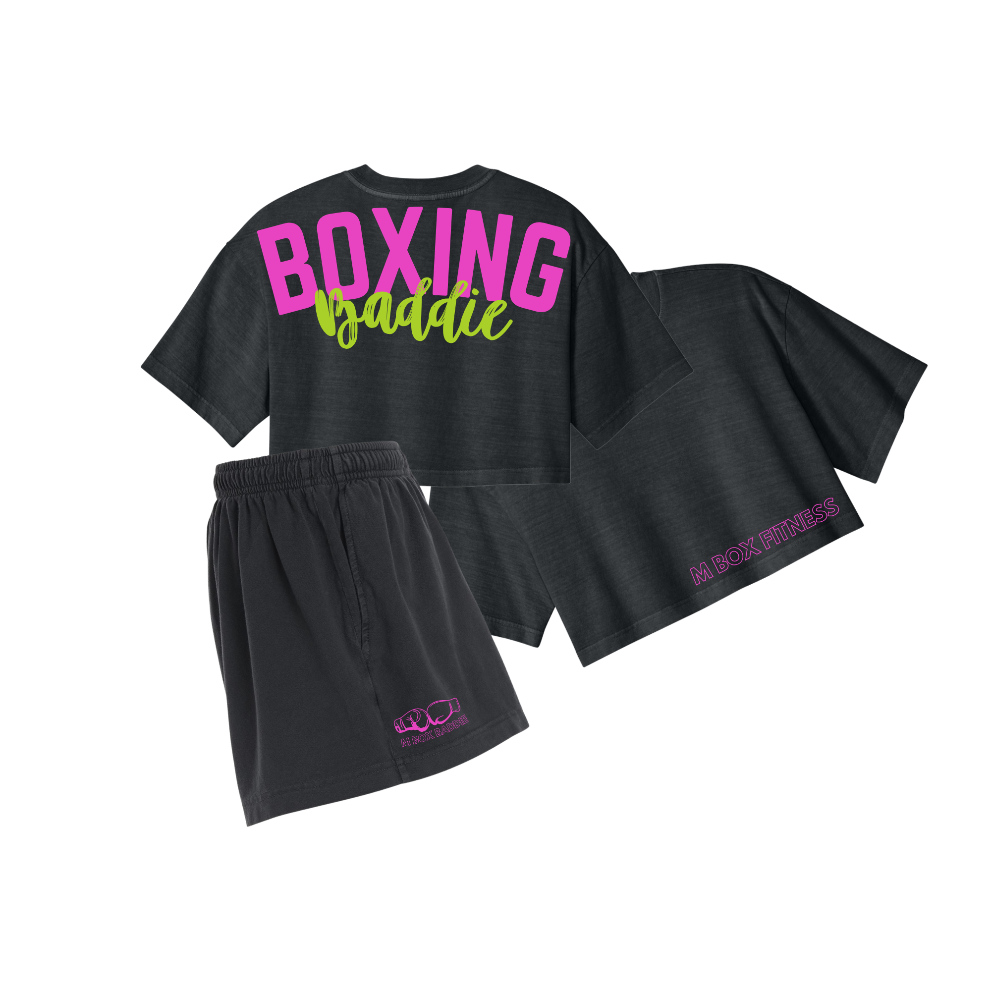 M Box Fitness - Boxing Baddie Crop & Shorts Matching Set in Washed Black