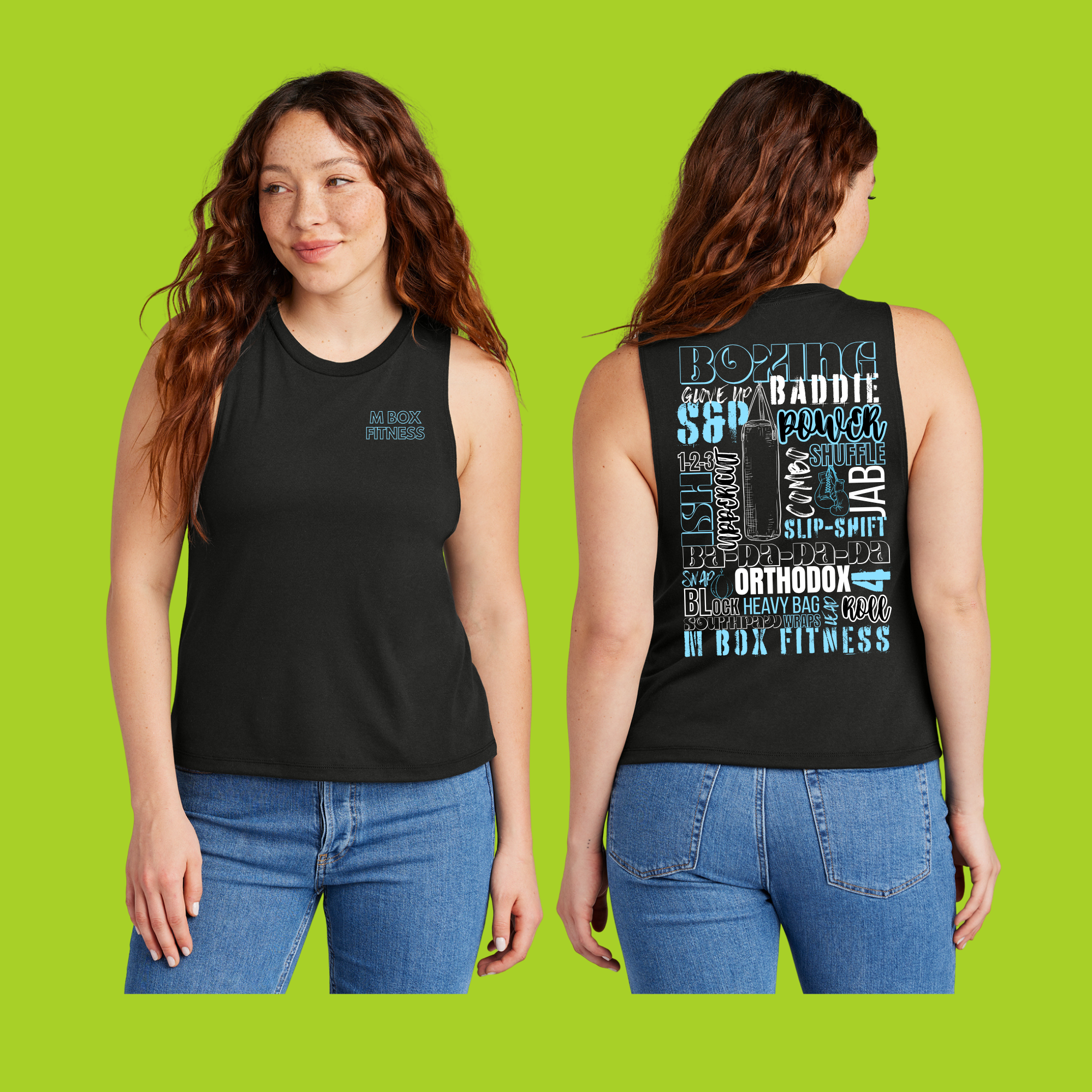 Muscle Tank with M Boxing Lingo Collage in Black with Blue and White Lettering