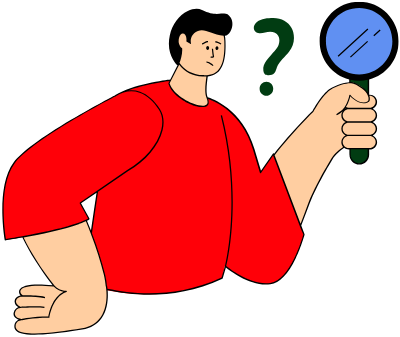 A person holding a magnifying glass with a green handle and a blue lens, with a green question mark nearby, wearing a red shirt.