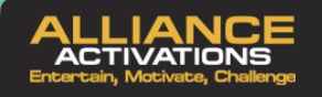 Logo with the words 'ALLIANCE ACTIVATIONS' in bold yellow and white text, and the tagline 'Entertain, Motivate, Challenge' in yellow.