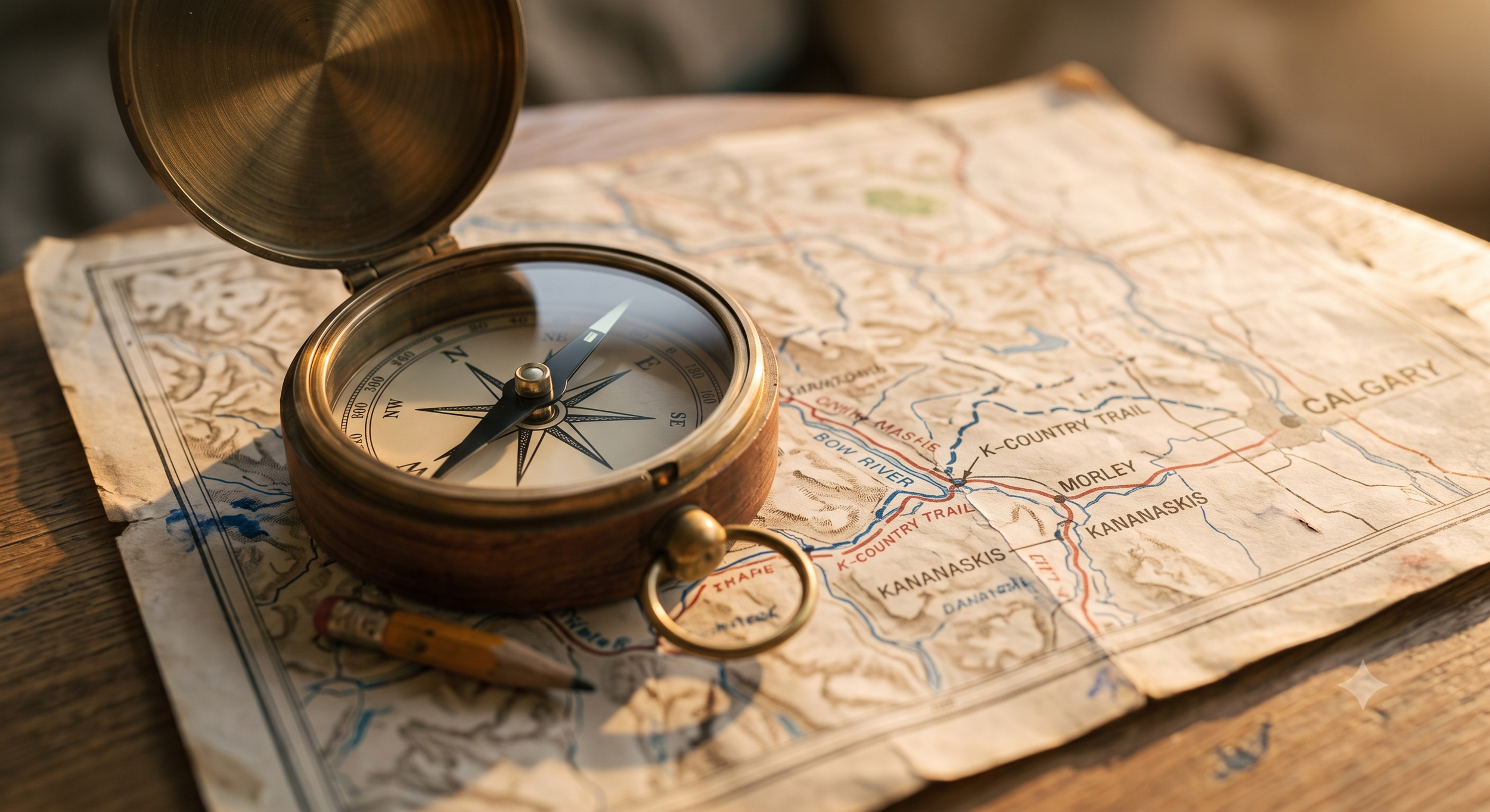 A compass placed on an old, crumpled map with a yellow pencil nearby on a wooden surface.