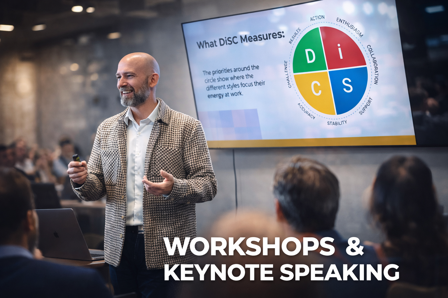 Chris Massie in a checkered blazer and white shirt presenting in front of a screen with a diagram and text at a workshop or conference, with the caption "Workshops & Keynote Speaking".