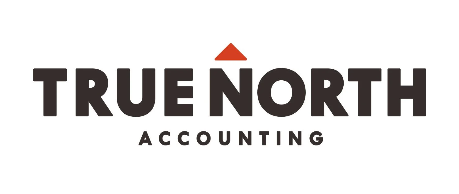 Logo for True North Accounting with black text and a small red triangle above the 'U' in "TRUE"