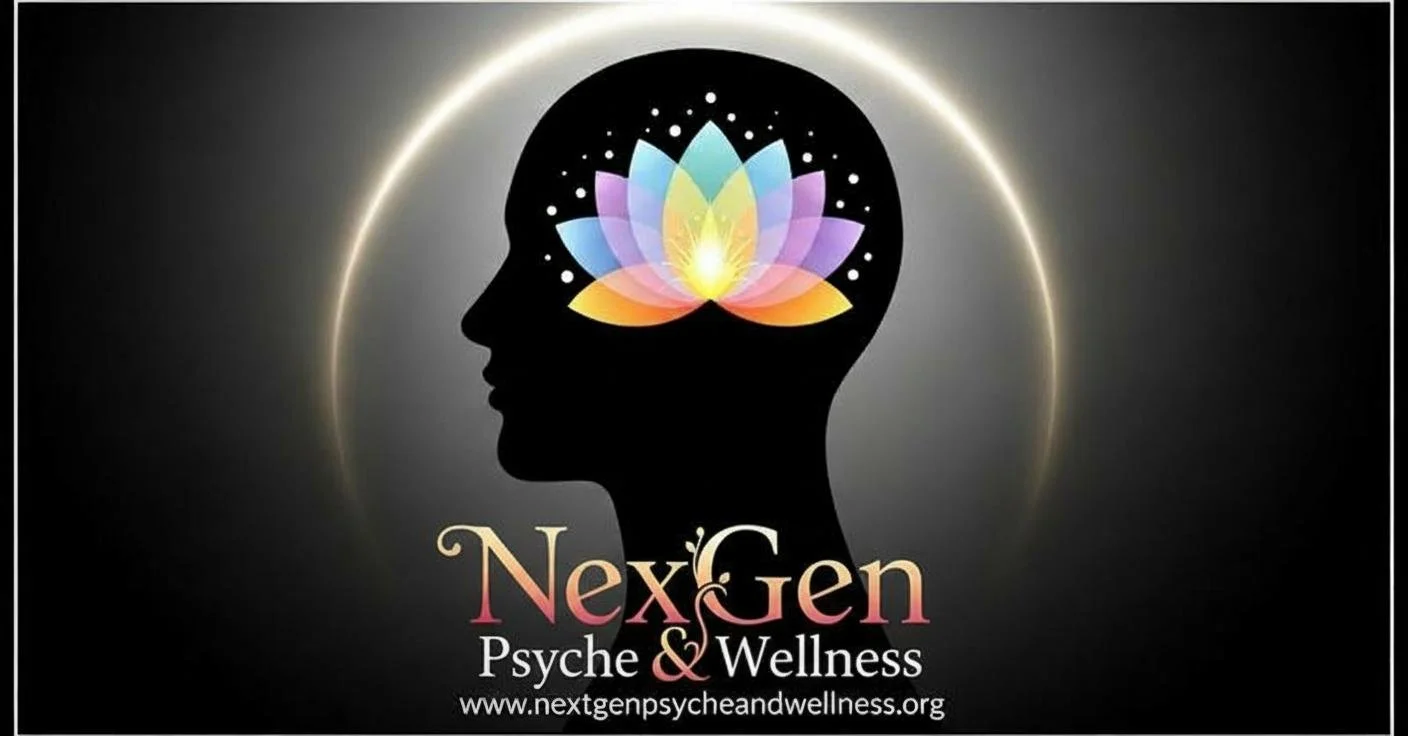 Silhouette profile of a person's head with a colorful lotus flower inside the brain area, glowing with a halo effect. Text reads "NexGen Psyche & Wellness" and the website "www.nextgenpsycheandwellness.org".