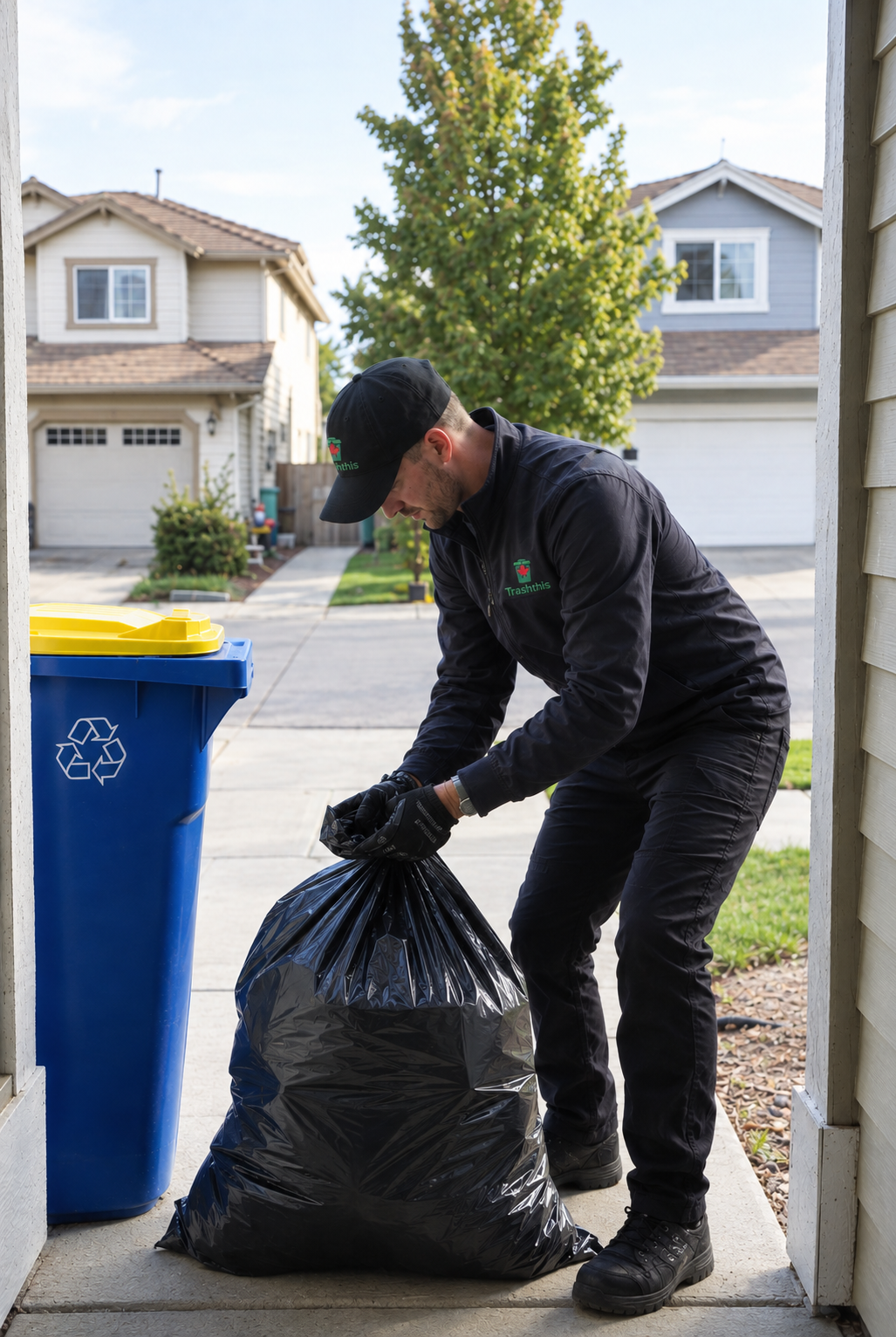 Trashthis worker providing senior-friendly valet trash pickup from a residential home in Chilliwack, BC.