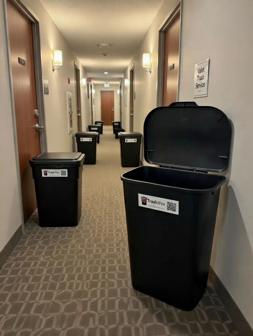 Hallway decorated with poinsettia plants and a doormat outside a door, with a trash can nearby.