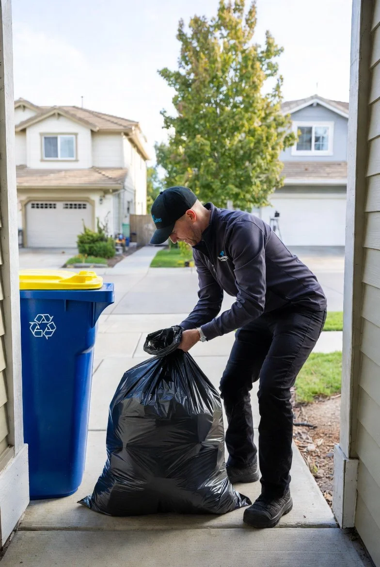 Professional Trashthis valet picking up trash at senior's doorstep in Fraser Valley neighborhood
