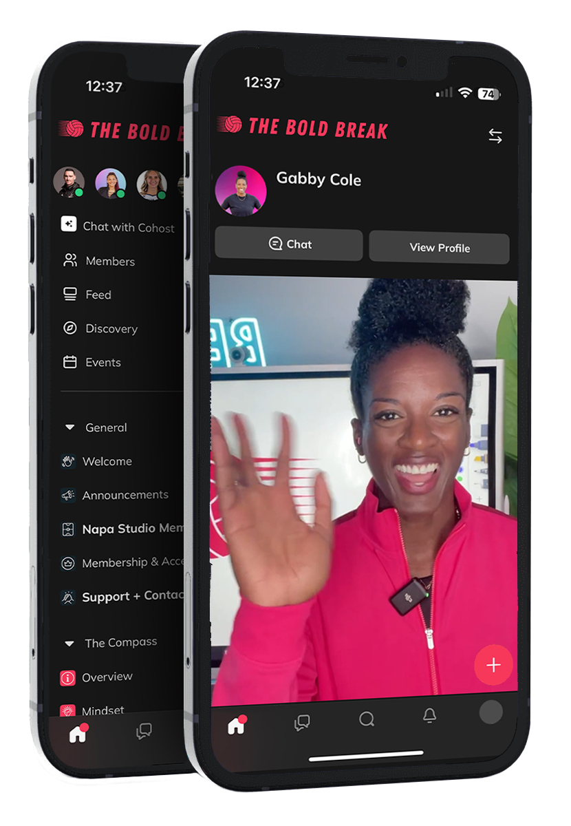 Smartphone screens displaying a social media app called 'The Bold Break,' with a woman in a pink jacket waving and smiling on the main profile page, and various menu options on the side menu.