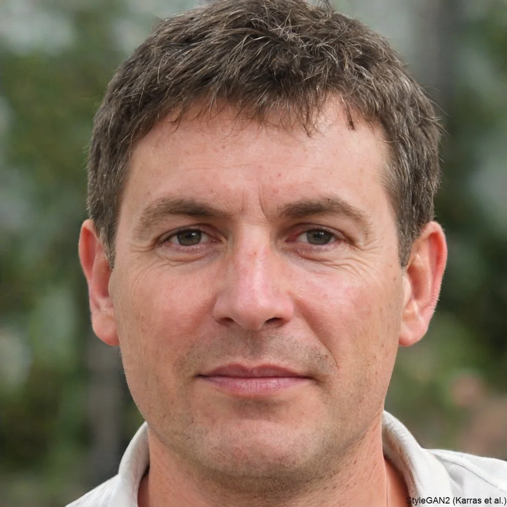 Close-up of a man with short brown hair, light skin, and green eyes, outdoors with blurred greenery in the background.