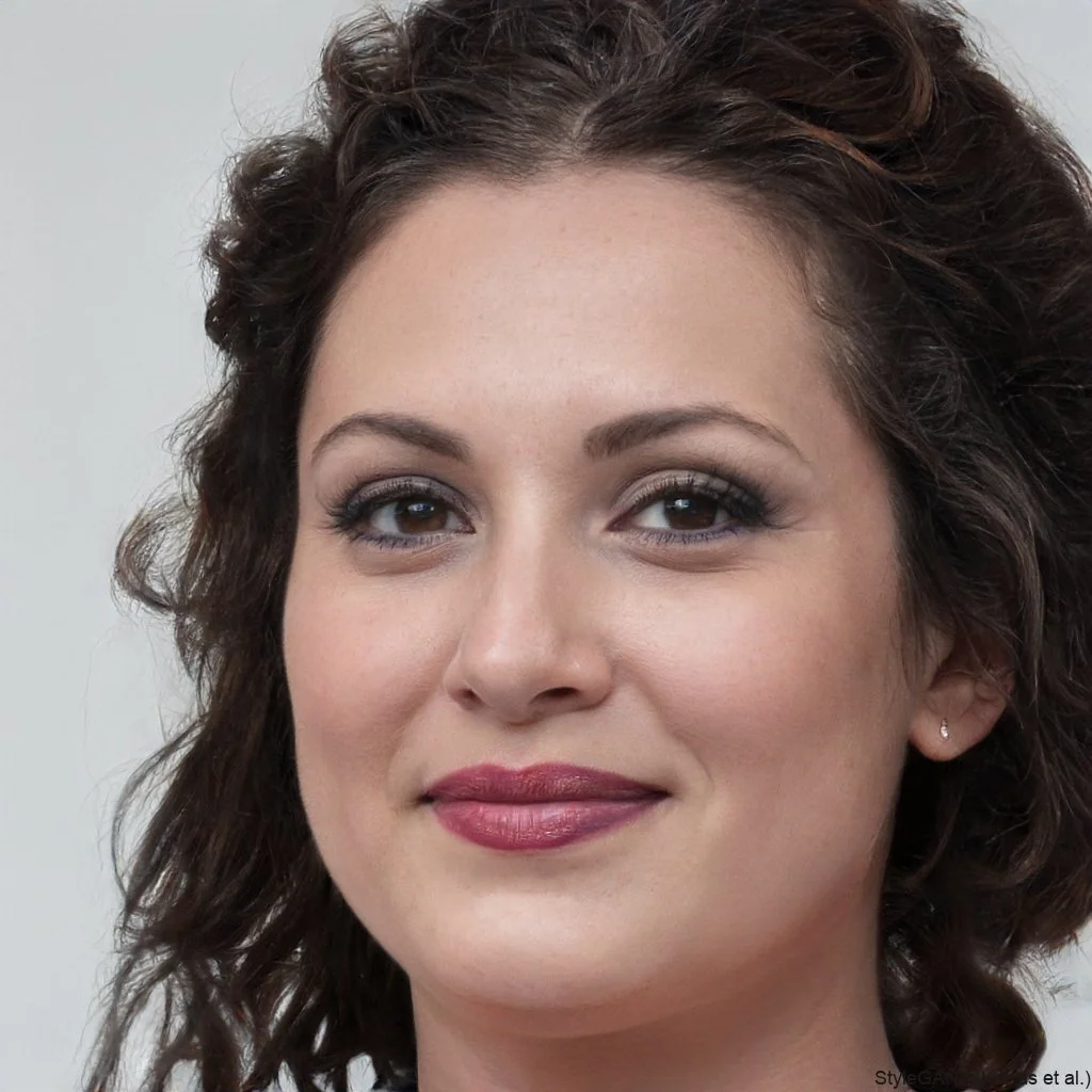 Close-up of a smiling woman with curly brown hair and light makeup.