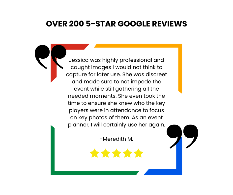 Graphic featuring a customer review for an event planner, with over 200 five-star Google reviews. The review is from Meredith M., praising Jessica for her professionalism and discretion. The design includes multicolored corner accents and five yellow stars at the bottom.