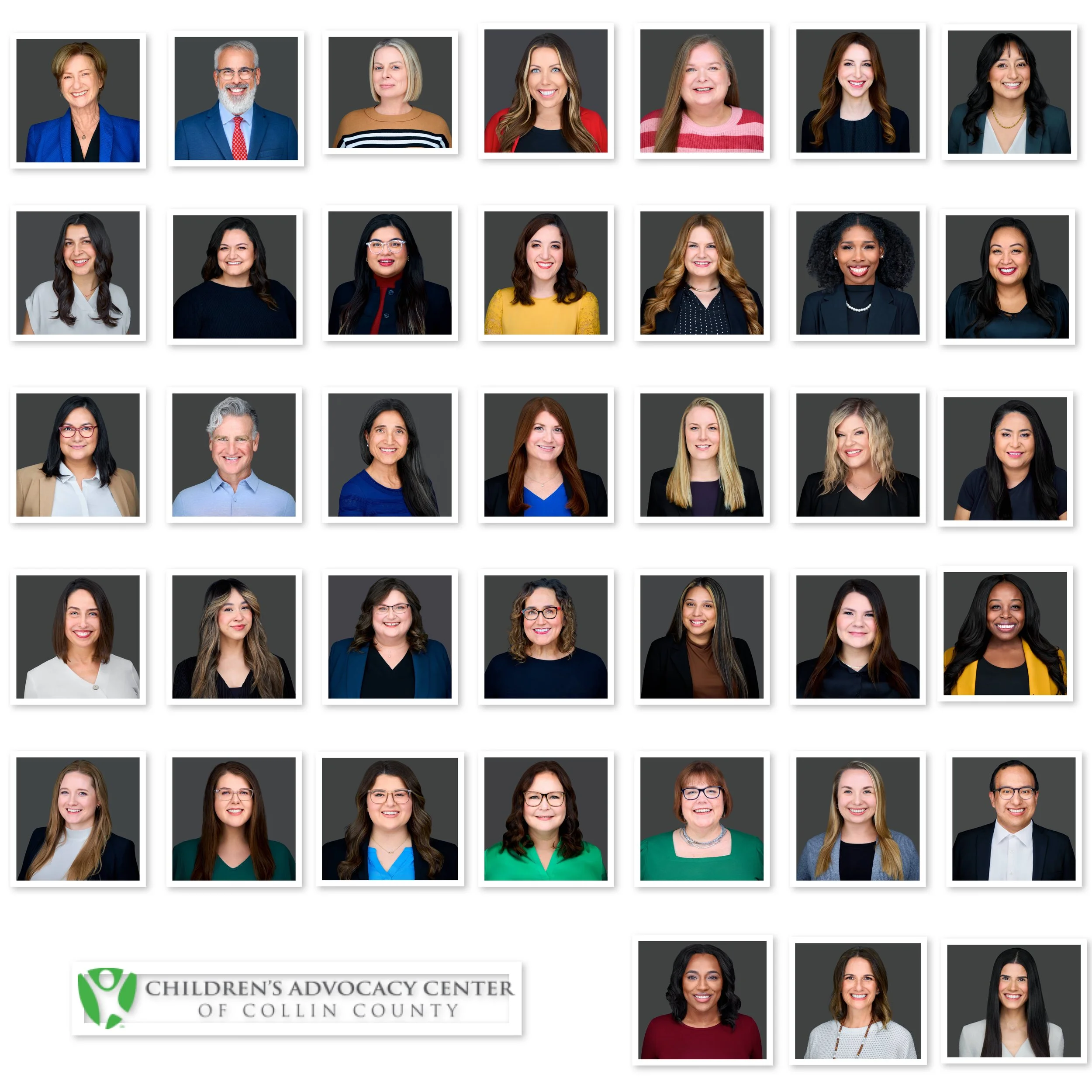 Group photo of staff members from the Children's Advocacy Center of Collin County, consisting of 30 individual headshots of diverse adults, both men and women, dressed professionally, arranged in a grid on a grey background.