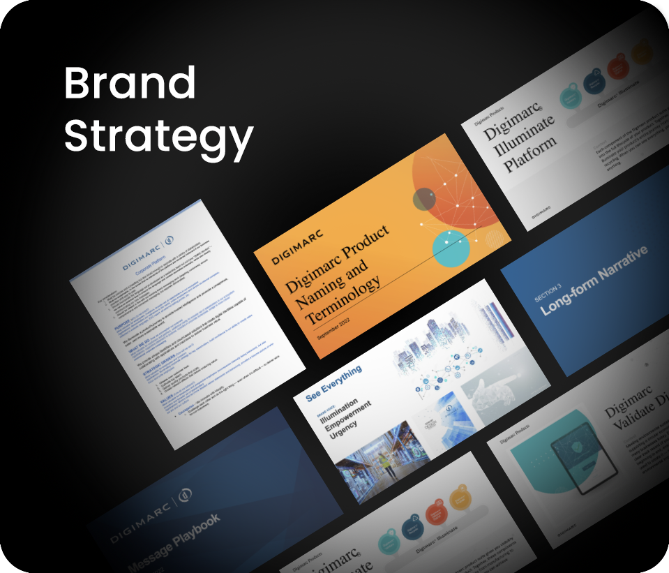Presentation slides titled 'Brand Strategy' displayed in a dark room with a black background, showing various slides about a digital marketing platform, product naming, narrative, and key concepts.