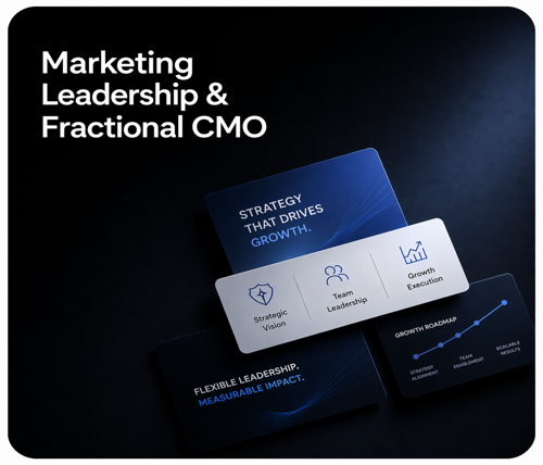 Marketing presentation with cards titled 'Strategy that drives growth,' 'Strategic vision,' 'Team leadership,' and 'Growth execution' on a dark background.