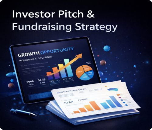 Image showing a tablet and printed reports with charts and graphs related to investor pitch and fundraising strategy, titled 'Growth Opportunity' and 'Pioneering AI Solutions'.