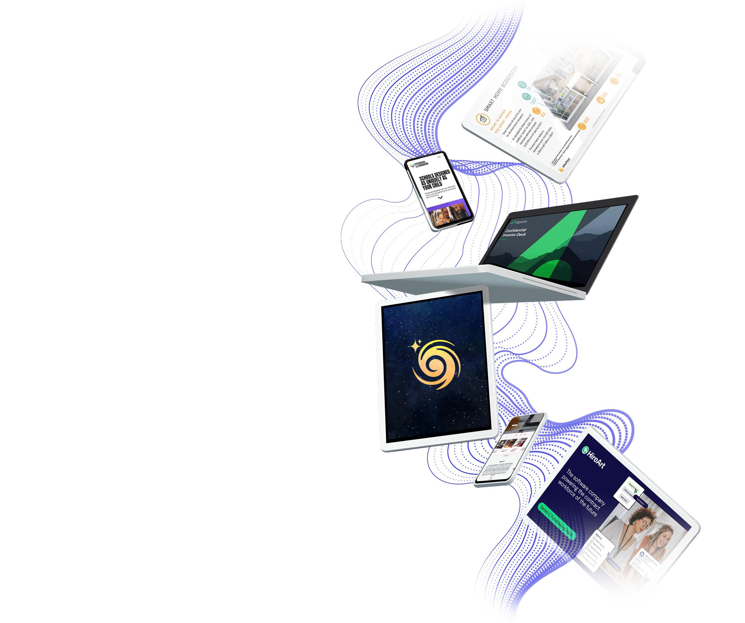 A digital illustration featuring a central glowing swirl icon surrounded by various digital devices including tablets and smartphones displaying different app interfaces and websites, with a flowing blue digital data stream connecting the devices.
