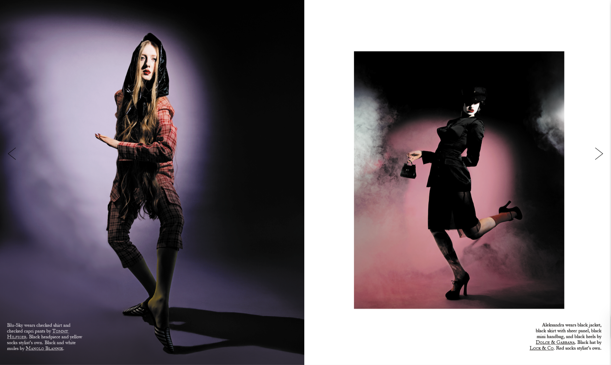 Fashion photoshoot with models showcasing designer outfits against smoky backgrounds. The left model wears checked capri pants and a checked shirt with a hood, while the right model wears a black jacket, skirt, and mini handbag, both in stylish poses.