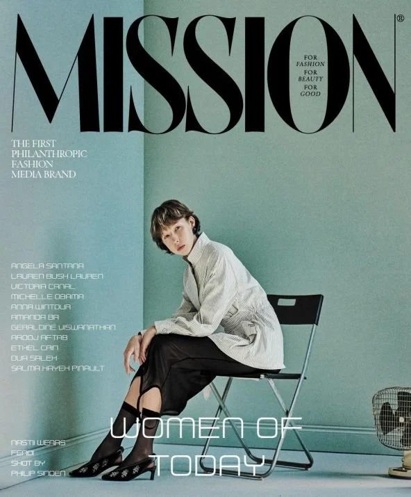 Cover of Mission magazine featuring a woman sitting on a black chair against a light blue wall, with the magazine title at the top and people notable for fashion and beauty on the left side.