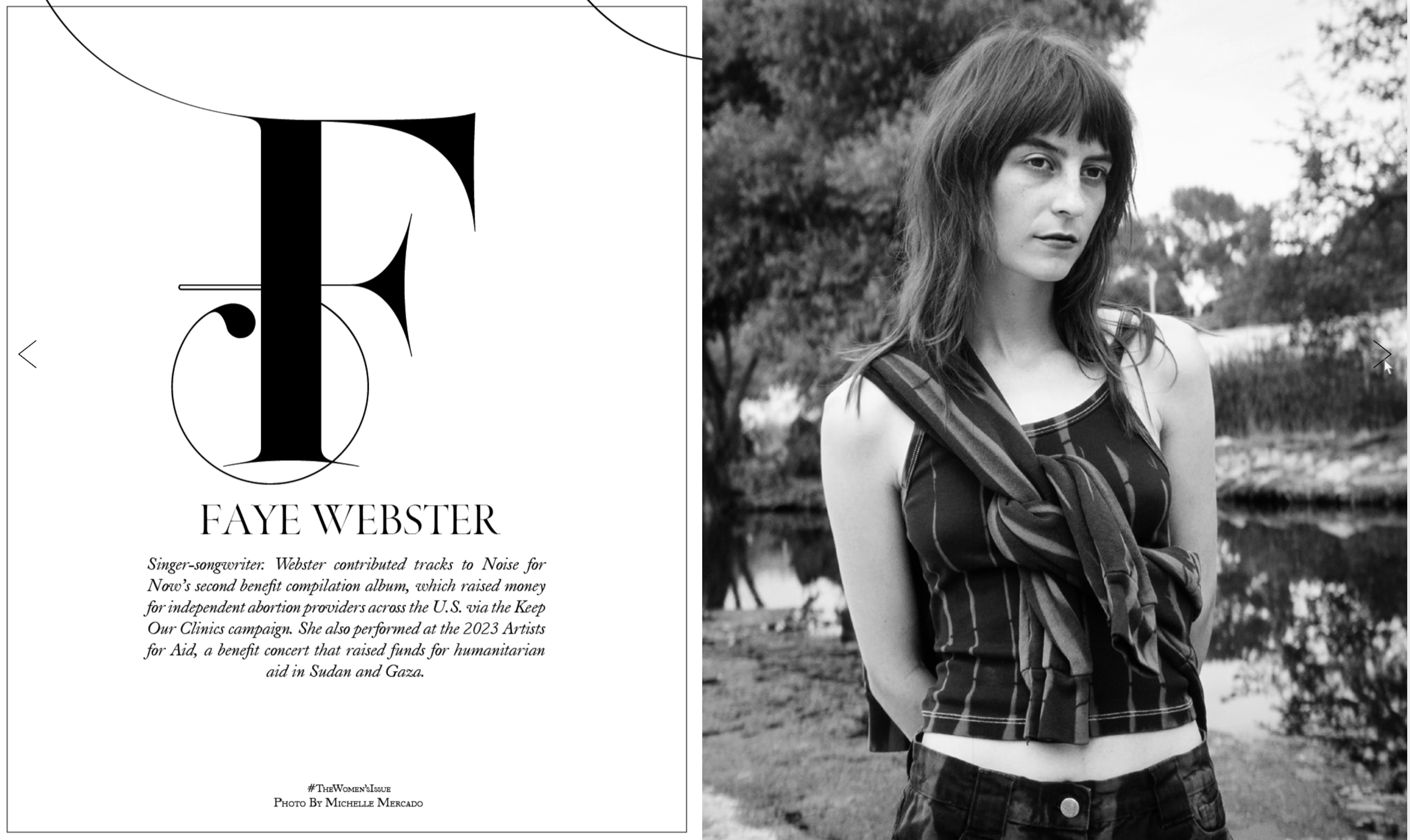 Side-by-side image: left side features a graphic design with a large stylized letter 'F' and text about singer-songwriter Faye Webster, and right side shows a black and white photo of a young woman with shoulder-length hair, wearing a sleeveless top with a tied shirt around her waist, standing outdoors near a body of water with trees in the background.